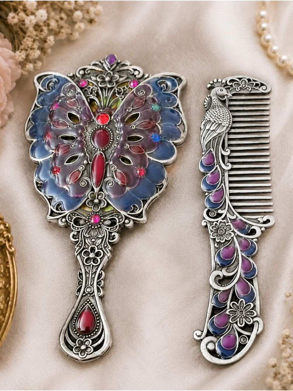 Vintage Peacock Comb & Butterfly Hand Mirror Set – Ornate Vanity Decor - Picture 4 of 4